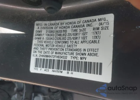 2015 Honda Cr-V Ex-L z USA, uszkodzony, nr VIN 2HKRM4H72FH654532